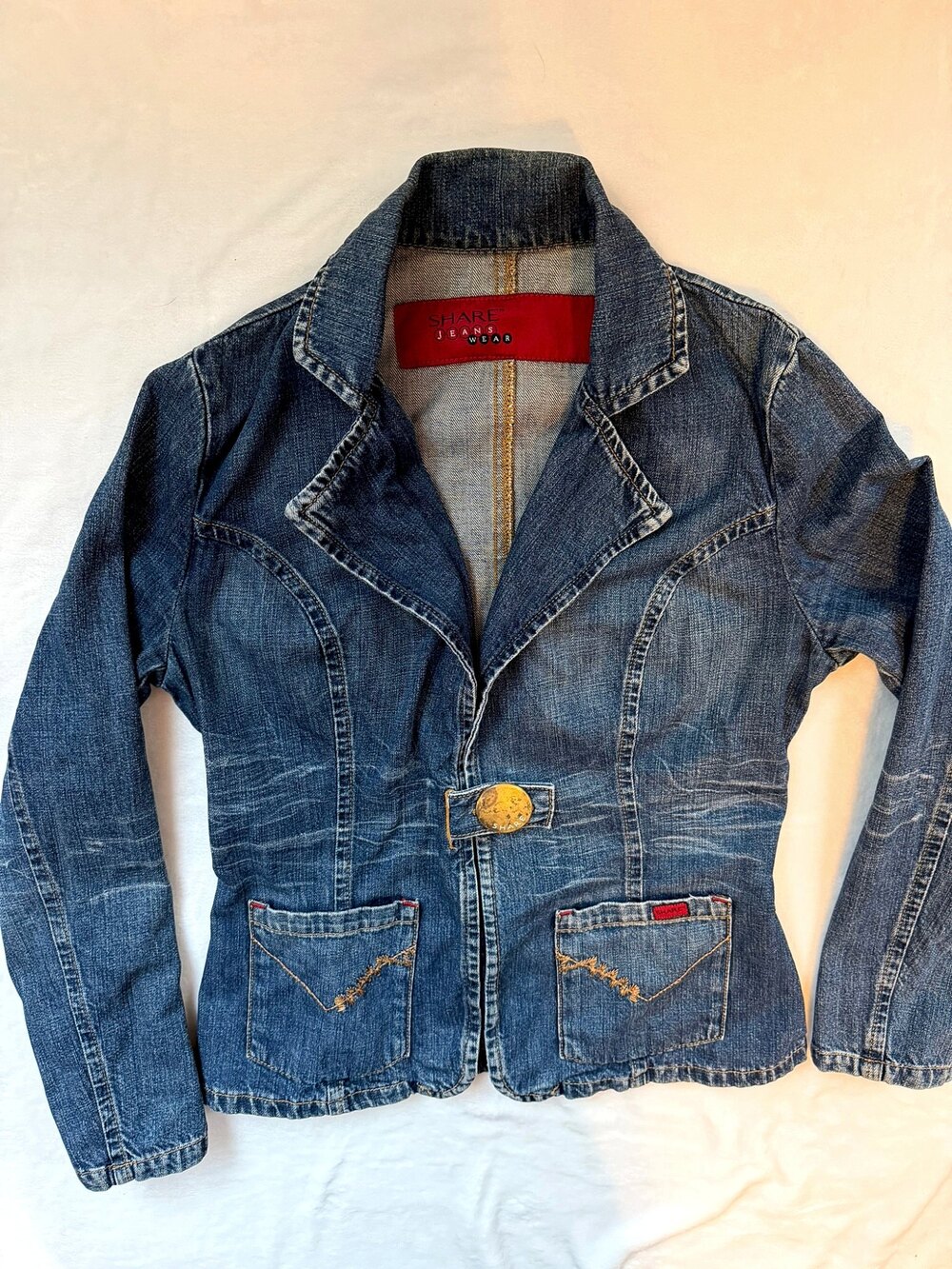 Vintage Y2K Denim Blazer Jacket with Contrast Red Stitching